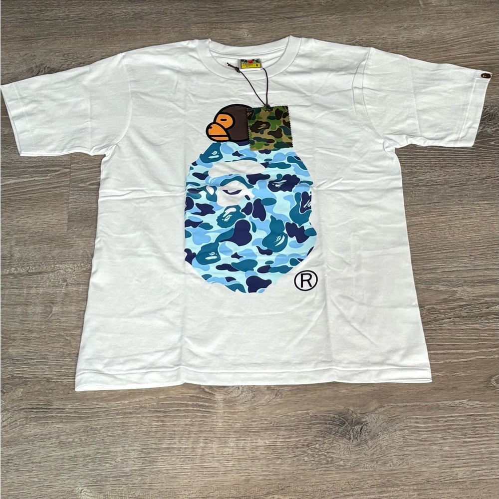 Bape White T-Shirt with Blue Camo Graphic